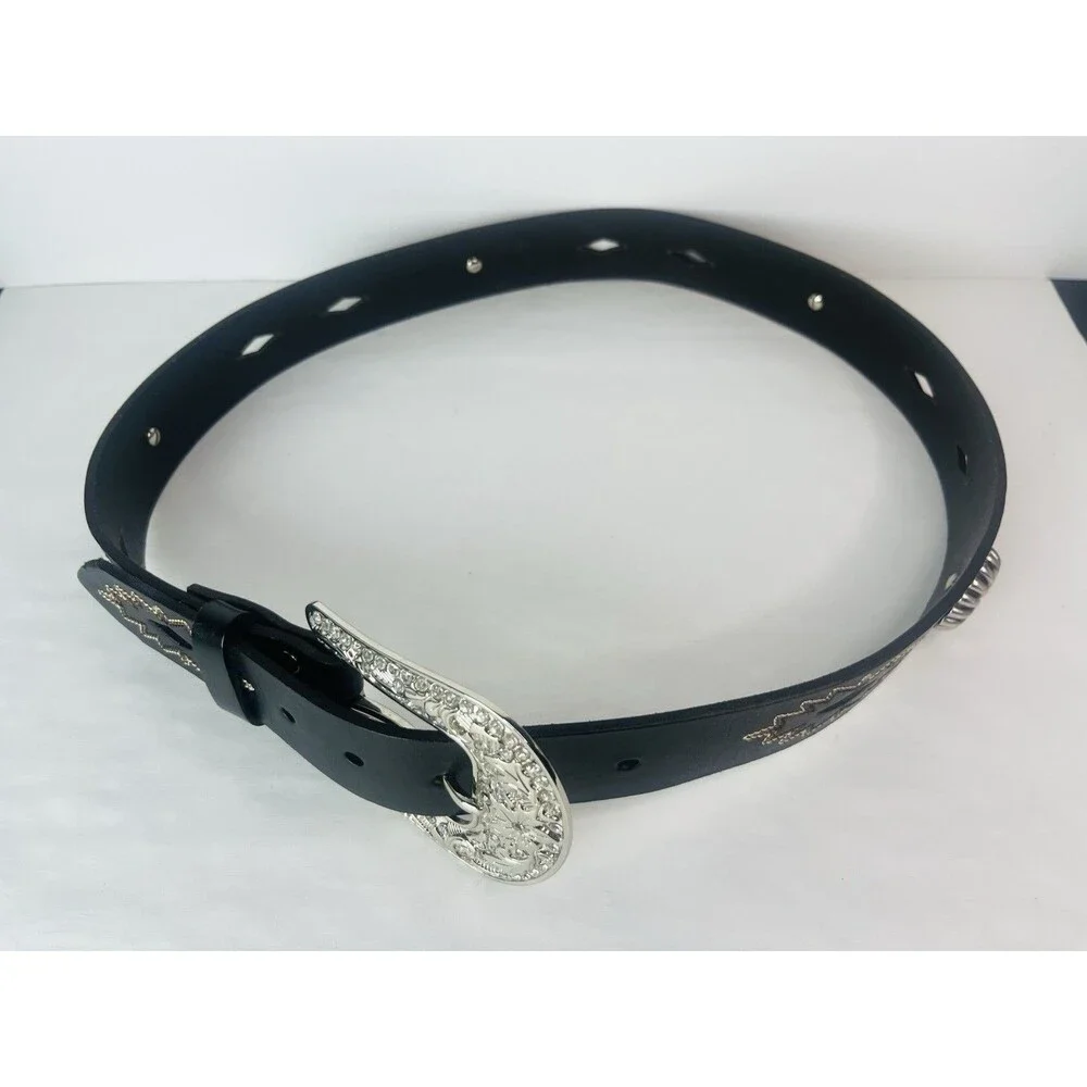 Nocona Women’s Medium Western Leather Boho Silvertone Buckle Rhinestone Belt